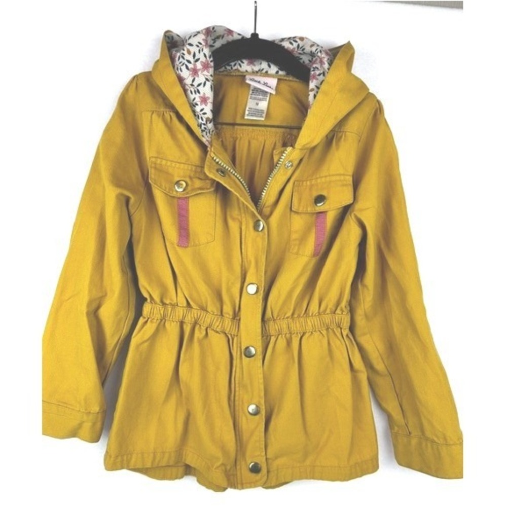 Little Lass Utility Jacket Mustard Yellow Floral Hooded Girls Size 10